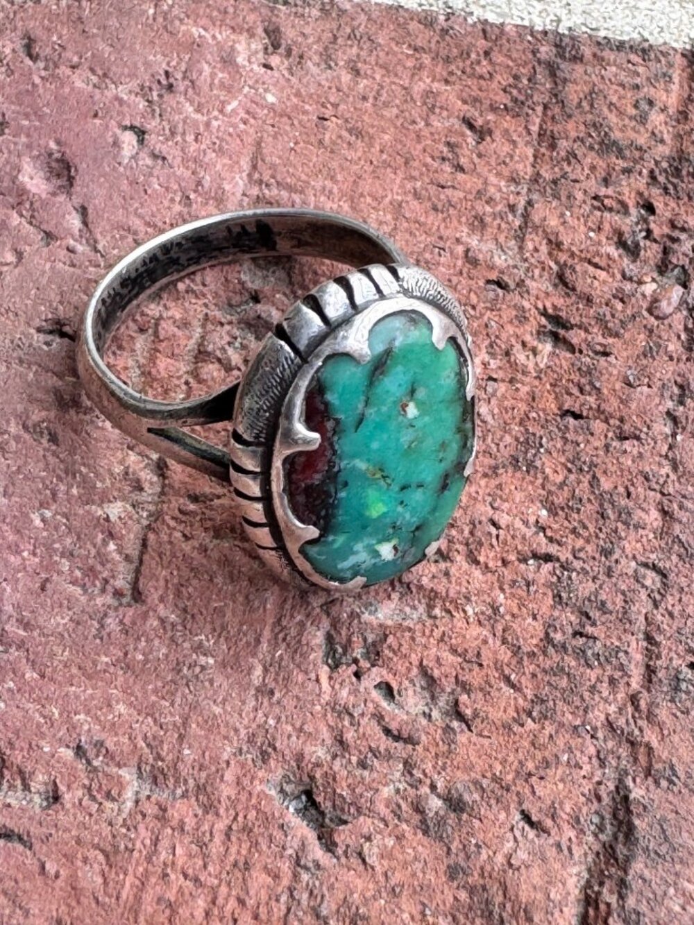 Sterling Silver Green Turquoise Ring Size 7 Oval Nugget Stone Southwest Style - Picture 2 of 13